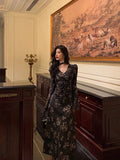Niulatu French A line Long Sleeves V Neckline Black Floral Prom Dresses Birthday Outfits SD744