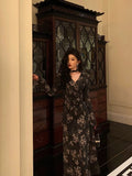 Niulatu French A line Long Sleeves V Neckline Black Floral Prom Dresses Birthday Outfits SD744