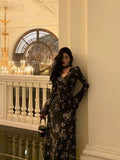 Niulatu French A line Long Sleeves V Neckline Black Floral Prom Dresses Birthday Outfits SD744