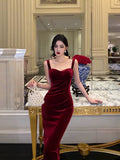 Niulatu Sheath Straps Burgundy Velvet Date Night Dress Prom Dresses Birthday Outfit SD747