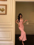 Niulatu Sheath Square Neckline Pink Lace Prom Dresses Birthday Outfits SD749