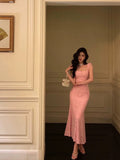 Niulatu Sheath Square Neckline Pink Lace Prom Dresses Birthday Outfits SD749