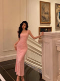 Niulatu Sheath Square Neckline Pink Lace Prom Dresses Birthday Outfits SD749