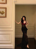 Niulatu Sheath Straps Black Long Velvet Prom Dresses Birthday Outfits SD751