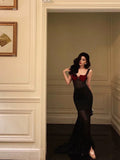 Niulatu Sheath Straps Black Long Velvet Prom Dresses Birthday Outfits SD751