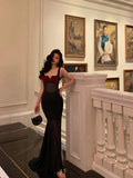 Niulatu Sheath Straps Black Long Velvet Prom Dresses Birthday Outfits SD751