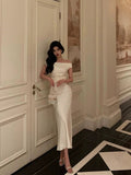 Niulatu Sheath Off The Shoulder White Satin Date Night Dress Prom Dresses Birthday Outfit SD752