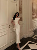 Niulatu Sheath Off The Shoulder White Satin Date Night Dress Prom Dresses Birthday Outfit SD752