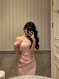 Niulatu Sheath Spaghetti Straps Long Pink Slit Satin Date Night Dress Prom Dresses Birthday Outfit SD756