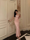 Niulatu Sheath Spaghetti Straps Long Pink Slit Satin Date Night Dress Prom Dresses Birthday Outfit SD756