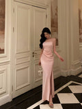 Niulatu Sheath Spaghetti Straps Long Pink Slit Satin Date Night Dress Prom Dresses Birthday Outfit SD756