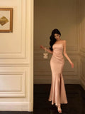 Niulatu Sheath Spaghetti Straps Long Pink Slit Satin Date Night Dress Prom Dresses Birthday Outfit SD756
