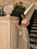 Niulatu A line Straps Date Night Dress Dusty Gray Satin Prom Dresses Birthday Outfit SD757