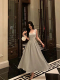 Niulatu A line Straps Date Night Dress Dusty Gray Satin Prom Dresses Birthday Outfit SD757