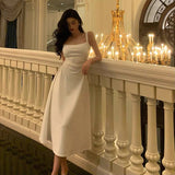 Niulatu A line Spaghetti Straps White Satin Date Night Dress Prom Dresses Birthday Outfit SD758