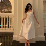 Niulatu A line Spaghetti Straps White Satin Date Night Dress Prom Dresses Birthday Outfit SD758