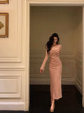 Niulatu Sheath Square Neckline Long Sleeves Pink Prom Dresses Birthday Outfits SD759
