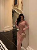 Niulatu Sheath Square Neckline Long Sleeves Pink Prom Dresses Birthday Outfits SD759