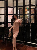 Niulatu Sheath Square Neckline Long Sleeves Pink Prom Dresses Birthday Outfits SD759