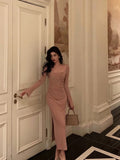 Niulatu Sheath Square Neckline Long Sleeves Pink Prom Dresses Birthday Outfits SD759