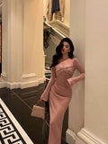 Niulatu Sheath Square Neckline Long Sleeves Pink Prom Dresses Birthday Outfits SD759
