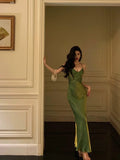 Niulatu Sheath Halter Green Satin Date Night Dress Prom Dresses Birthday Outfits SD763