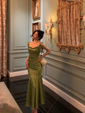Niulatu Mermaid Straps Green Satin Prom Dresses Birthday Outfits SD764
