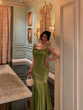 Niulatu Mermaid Straps Green Satin Prom Dresses Birthday Outfits SD764