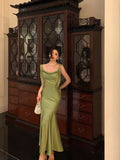 Niulatu Mermaid Straps Green Satin Prom Dresses Birthday Outfits SD764