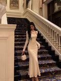 Niulatu Sheath Halter Long Sleeves White Date Night Dress Ruffles Prom Dresses Birthday Outfit SD773