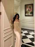 Niulatu Sheath Halter Long Sleeves White Date Night Dress Ruffles Prom Dresses Birthday Outfit SD773