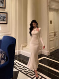 Niulatu Sheath Halter Long Sleeves White Date Night Dress Ruffles Prom Dresses Birthday Outfit SD773