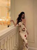 Niulatu Sheath Spaghetti Straps White Satin Red Floral Long Prom Dresses Birthday Outfit SD774