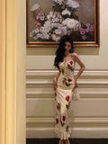 Niulatu Sheath Spaghetti Straps White Satin Red Floral Long Prom Dresses Birthday Outfit SD774