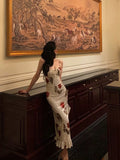 Niulatu Sheath Spaghetti Straps White Satin Red Floral Long Prom Dresses Birthday Outfit SD774