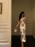 Niulatu Sheath Spaghetti Straps White Satin Red Floral Long Prom Dresses Birthday Outfit SD774