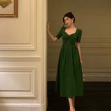 Niulatu A Line Square Neckline Half Sleeves Dark Green Pleated Prom Dresses Birthday Outfit SD775