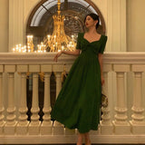 Niulatu A Line Square Neckline Half Sleeves Dark Green Pleated Prom Dresses Birthday Outfit SD775