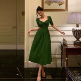 Niulatu A Line Square Neckline Half Sleeves Dark Green Pleated Prom Dresses Birthday Outfit SD775