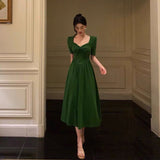 Niulatu A Line Square Neckline Half Sleeves Dark Green Pleated Prom Dresses Birthday Outfit SD775