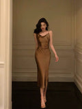 Niulatu Sheath Spaghetti Straps Brown Satin Tea Length Slit Prom Dresses Birthday Outfit SD776