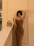 Niulatu Sheath Spaghetti Straps Brown Satin Tea Length Slit Prom Dresses Birthday Outfit SD776