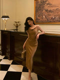 Niulatu Sheath Spaghetti Straps Brown Satin Tea Length Slit Prom Dresses Birthday Outfit SD776