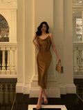 Niulatu Sheath Spaghetti Straps Brown Satin Tea Length Slit Prom Dresses Birthday Outfit SD776