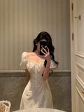Niulatu A line Square Neckline Short Sleeves Floral Lace Prom Dresses Birthday Outfit SD782