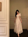 Niulatu A line Square Neckline Short Sleeves Floral Lace Prom Dresses Birthday Outfit SD782