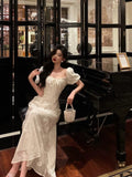 Niulatu A line Square Neckline Short Sleeves Floral Lace Prom Dresses Birthday Outfit SD782