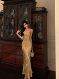 Niulatu Mermaid Spaghetti Straps Floral Gold Long Prom Dresses Birthday Outfit SD783