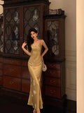 Niulatu Mermaid Spaghetti Straps Floral Gold Long Prom Dresses Birthday Outfit SD783