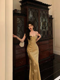 Niulatu Mermaid Spaghetti Straps Floral Gold Long Prom Dresses Birthday Outfit SD783